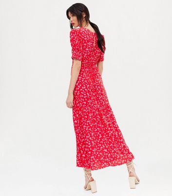 Red Ditsy Floral Ruched Puff Sleeve ...